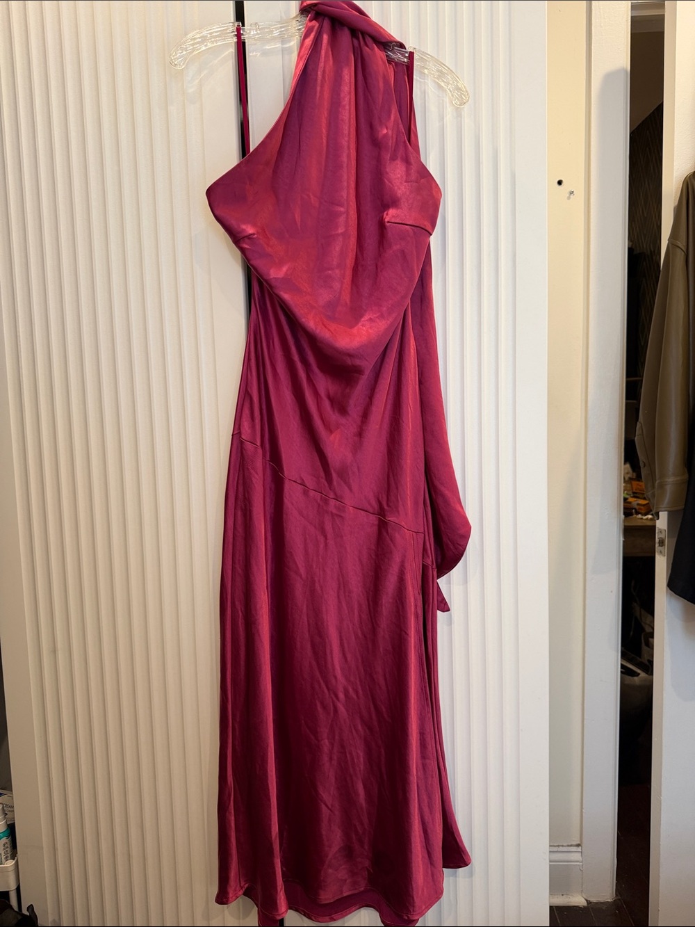 Hello Molly One-Shoulder Satin Midi Dress in Raspberry
